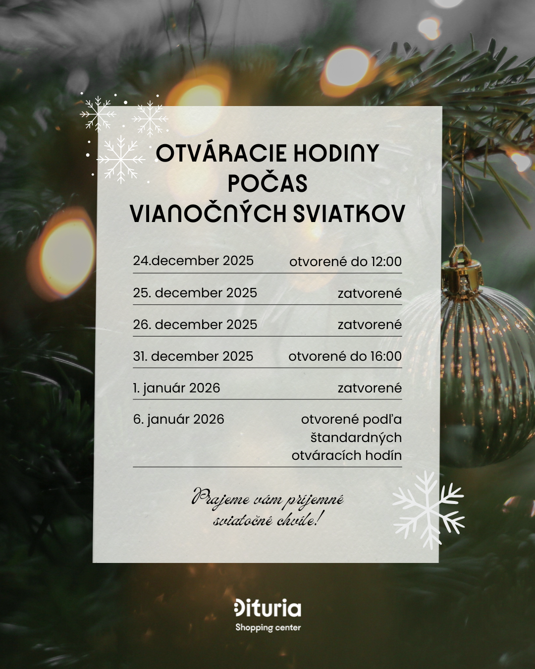 Otváracie hodiny počas Vianočných sviatkov
